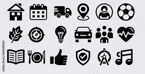 Icon set for various activities and services in black silhouette style  