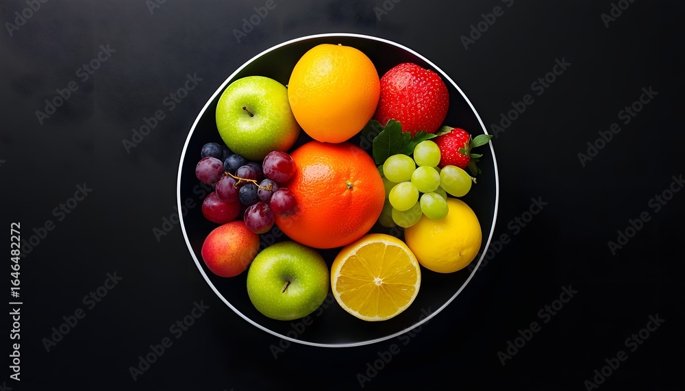 Overhead view of a vibrant fruit platter long title Aerial composition showcasing an assortment of fresh colorful fruits arranged in a bowl against Overhead view of a vibrant fruit platter long title Aerial composition showcasing an assortment of fresh colorful fruits arranged in a bowl against