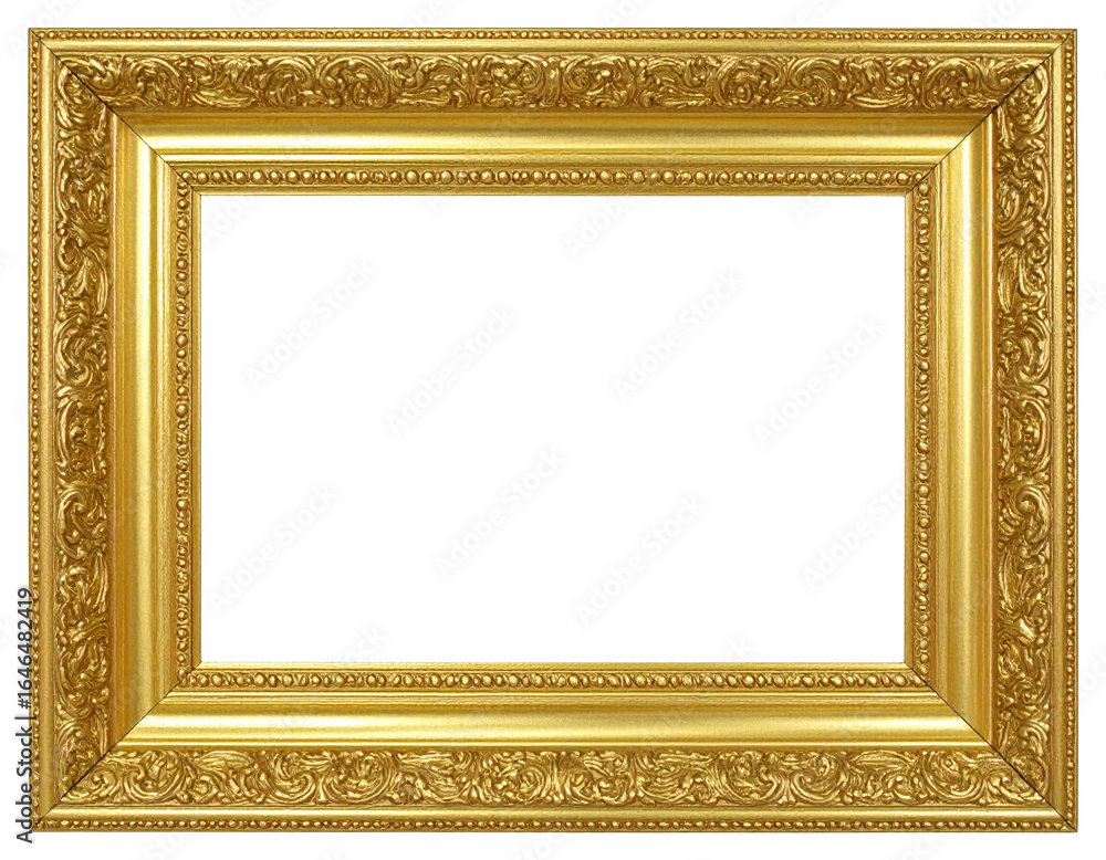 Fototapeta premium Ornate rectangular gold picture frame with intricate baroquestyle carvings and beaded details.