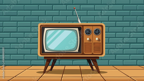 A vintage television set positioned in front of a weathered brick wall, highlighting its retro aesthetic..eps
