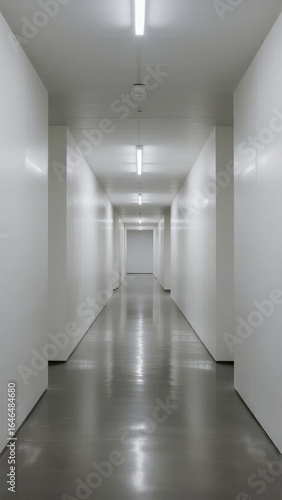 Long  Straight Corridor with White Walls and Fluorescent Lighting