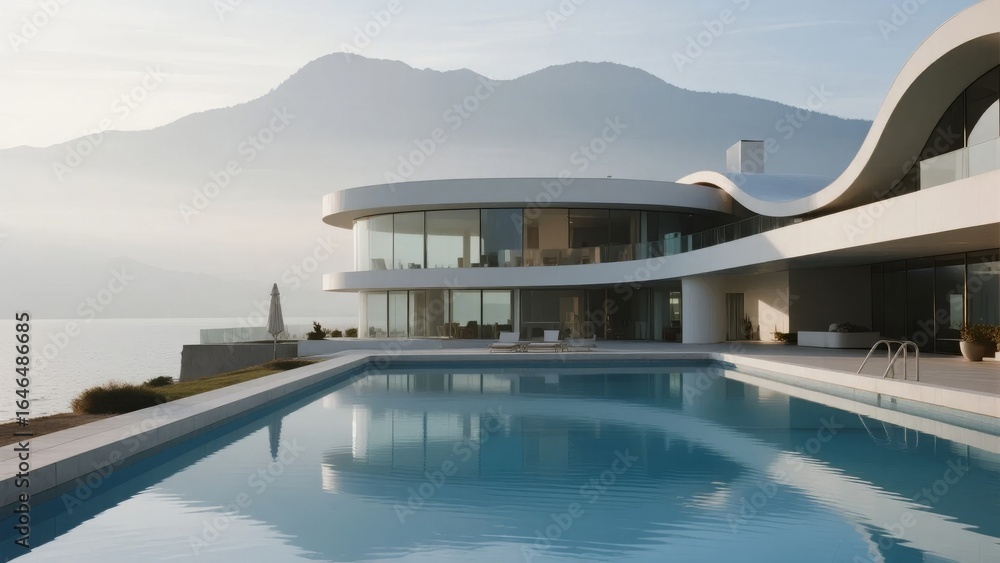 Fototapeta premium Modern Curved House with Pool Overlooking the Sea and Mountains