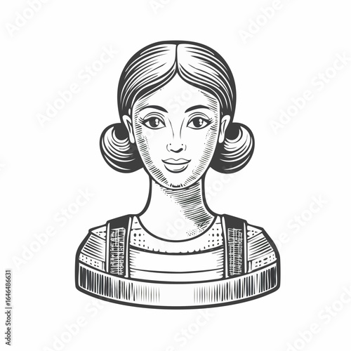 Human woman toy construction vintage engraving sketch illustration with detailed retro line art of a miniature female figure for building sets or model play, perfect for toy design themes, 