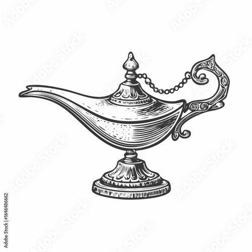 Magic lamp vintage engraving sketch illustration with detailed retro line art of the legendary object from folklore, perfect for fantasy themes, storybook designs, vintage decorative prints, 