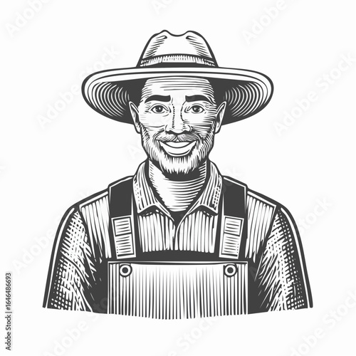 Mature farmer vintage engraving sketch illustration with detailed retro line art of an experienced agricultural worker, perfect for farming themes, rural lifestyle designs, 