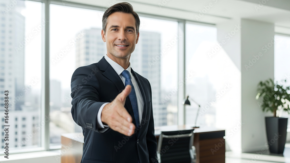 Confident Businessman Extending Hand for Handshake in Modern Office Confident Businessman Extending Hand for Handshake in Modern Office