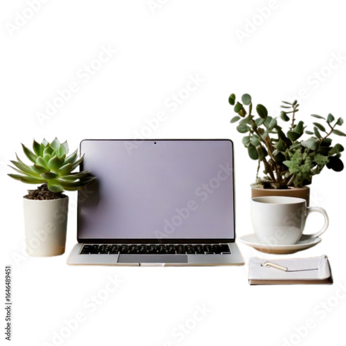 Minimalist Desk Setup with Laptop and Coffee Cup, isolated on a transparent background