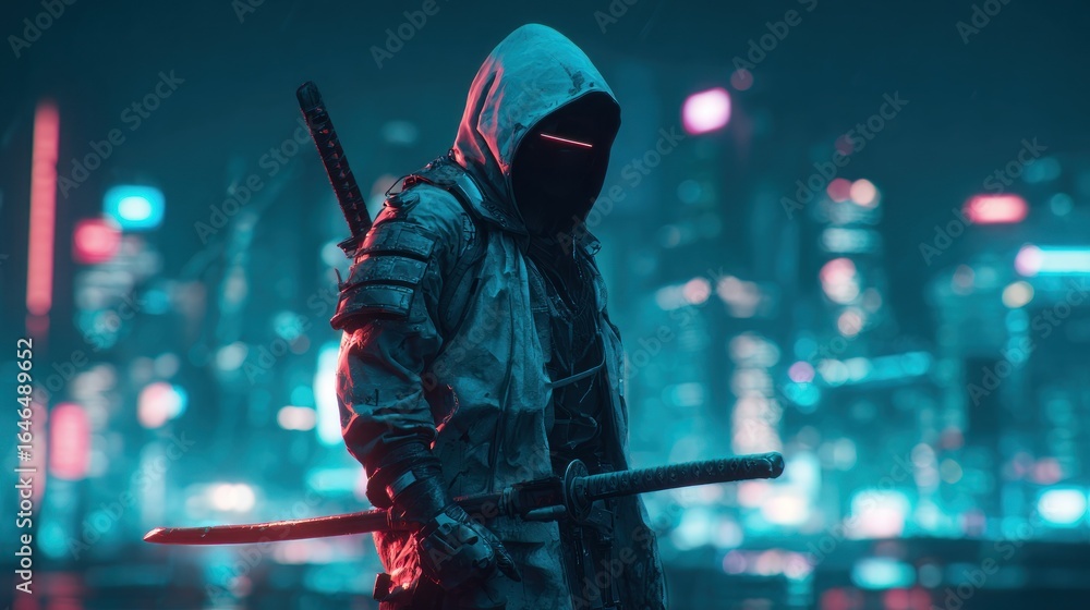 Naklejka premium Cyberpunk Samurai: Night City Warrior