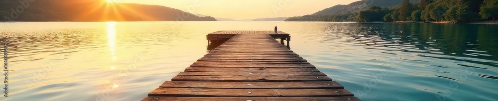 Fototapeta premium Rustic wooden shoreline dock extending over calm, clear water, bathed in golden sunlight Ideal for tranquility, nature, and coastal themes , waterfront, clouds