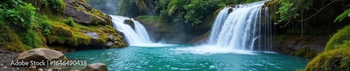 Mesmerizing Geothermal Waterfall Steaming Hot Spring Cascades over Mossy Rocks in a Lush Rainforest