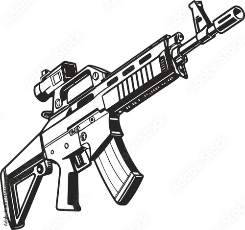 Silhouette assault rifle , ideal for military-themed designs, tactical branding, or defense illustrations