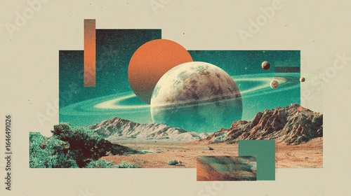 Generative AI, Vintage risograph collage of alien planet in space, pastel halftone, geometric shapes, abstract grain texture. High quality