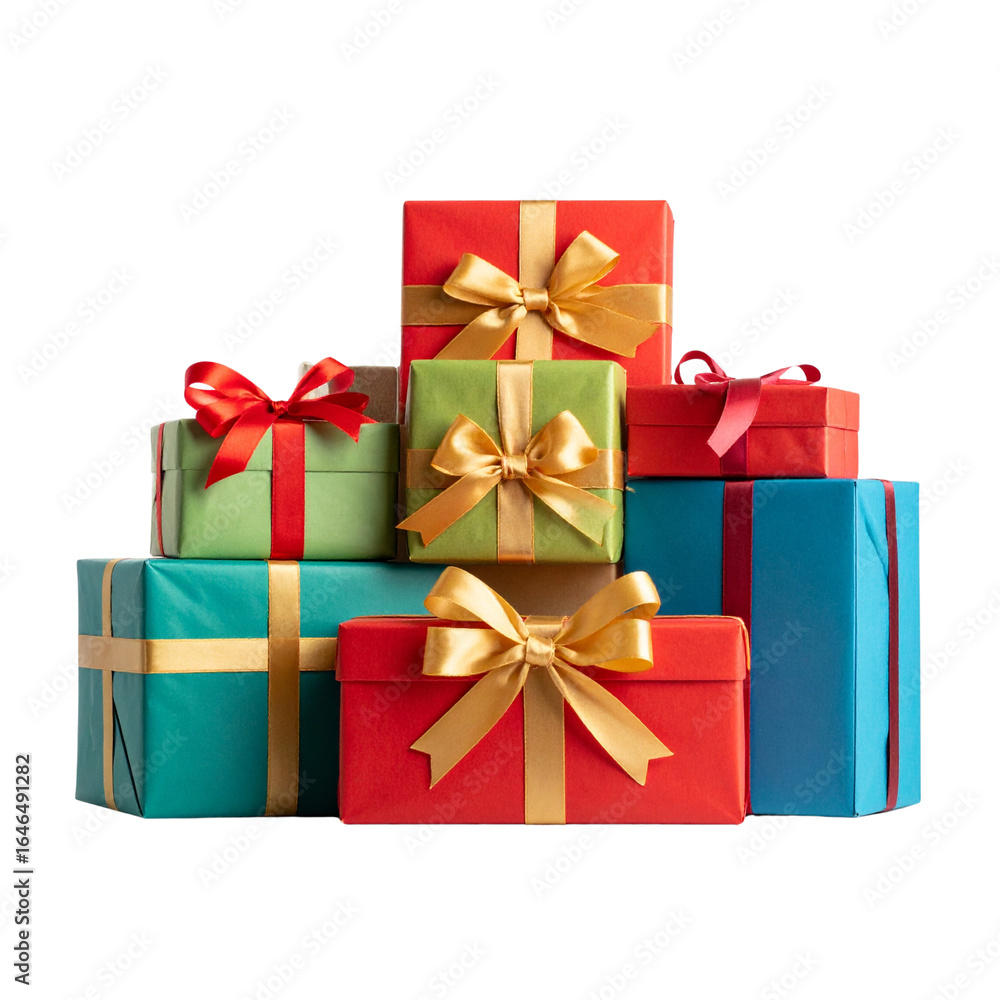 Obraz premium Stack of colorful wrapped presents with decorative bows, transparent background PNG