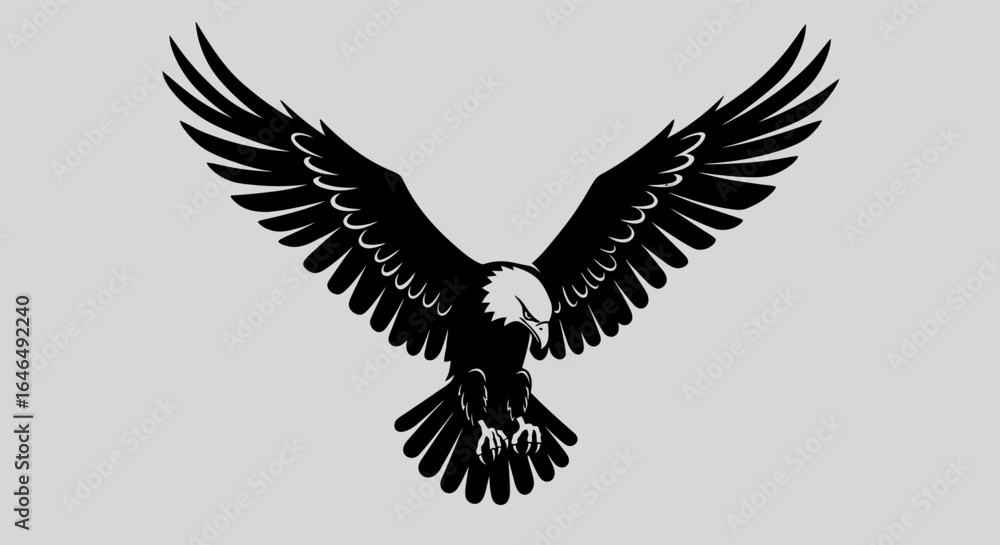 Obraz premium Majestic black vector eagle with wings spread wide, perfect for logos, emblems, and decals. High-resolution PNG for crisp, clean designs.