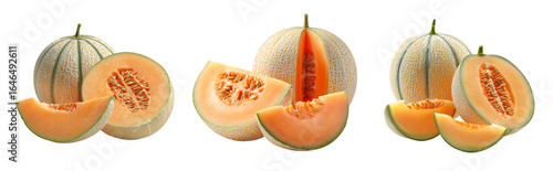 Foto Three sets of cantaloupes with whole, halved, and sliced fruit on a white backgr