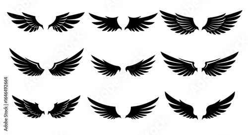 A diverse collection of stylized black wing silhouettes, perfect for graphic design projects requiring elegant and powerful vector illustrations.