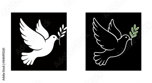 A graceful white dove in flight, holding an olive branch, symbolizing peace and hope, presented in a clean vector graphic format.