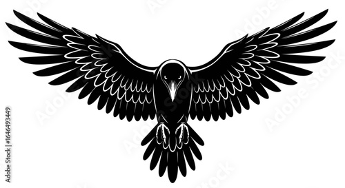 A majestic black bird, possibly an eagle or raven, is dramatically captured with wings spread wide in a bold, stylized vector graphic, ideal for logos or emblems.
