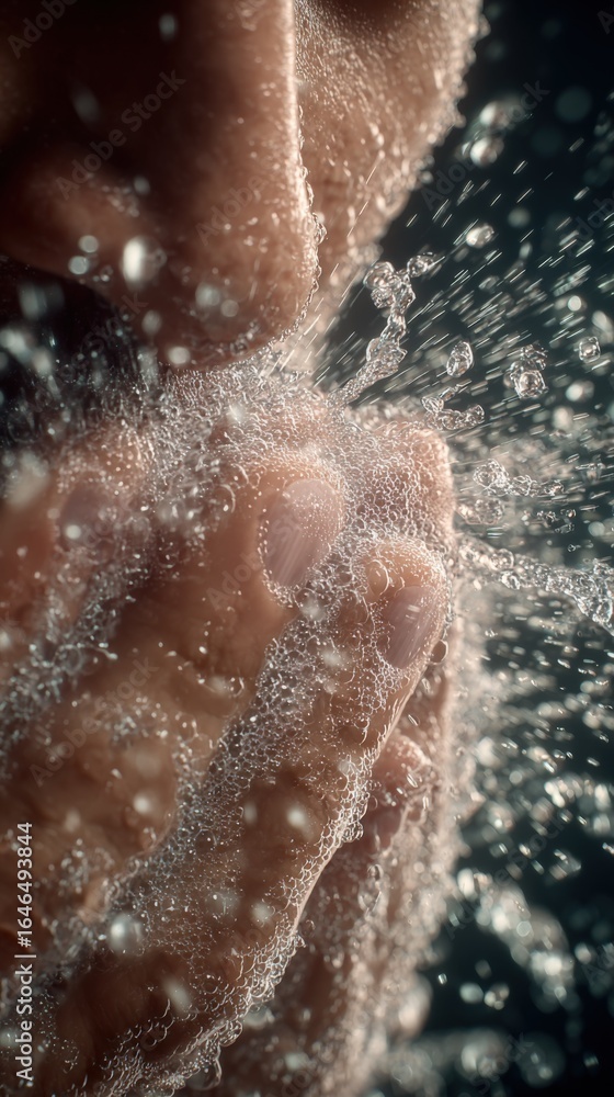Fototapeta premium Refreshing splash of water on hands, showcasing hygiene, purity, and the invigorating feeling of cleanliness
