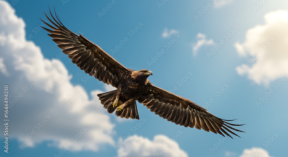 Fototapeta premium A Magnificent Golden Eagle Soars Through the Expansive Blue Sky, Its Powerful Wings Outstretched, Capturing the Essence of Freedom and Untamed Wilderness