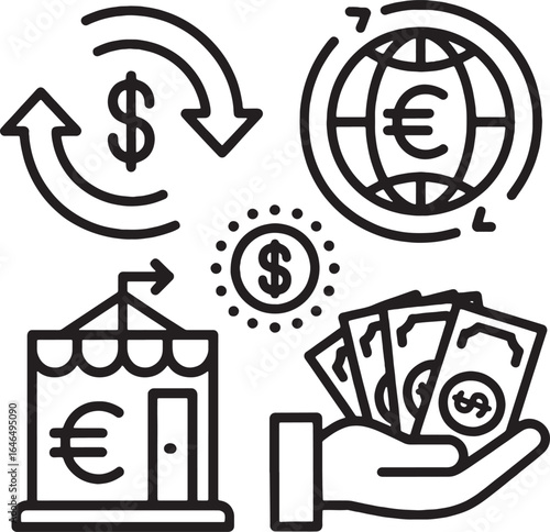 Financial Icons Showing Currency Exchange Global Business and Cash Transactions finance money