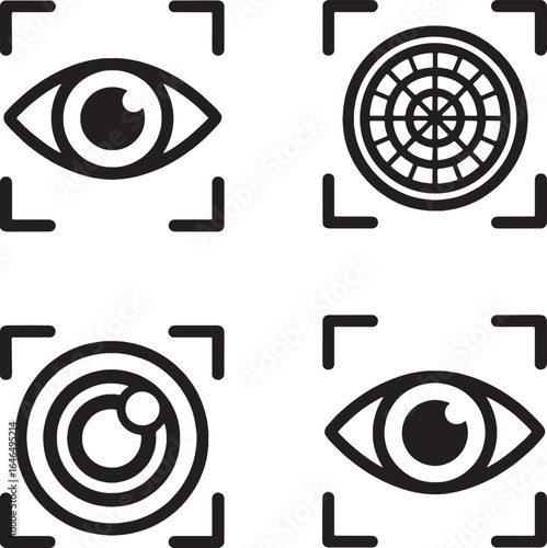 Four black icons of eyes and targets within focus frames on white background vision sight
