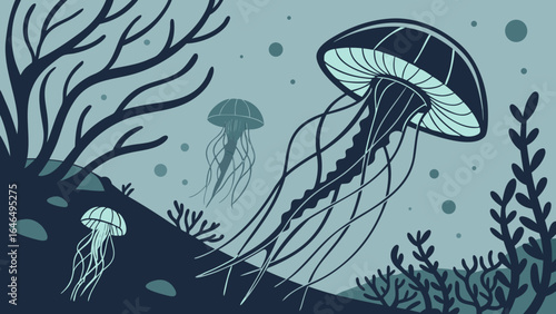 Jellyfish ocean life underwater vector illustration of marine animals and plants in deep sea scene design