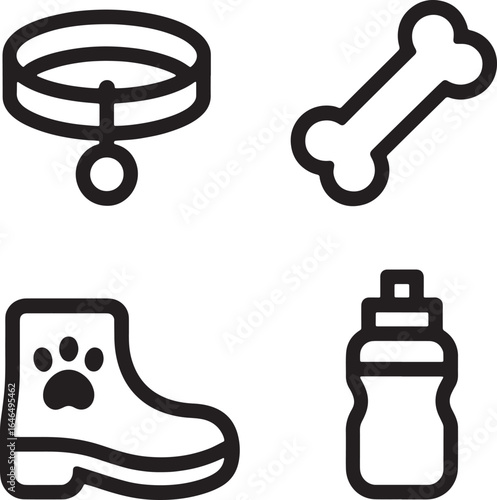 Pet accessories icons featuring collar bone boot and water bottle