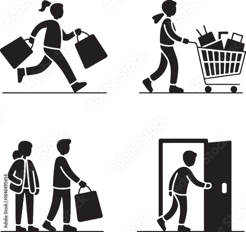 Silhouette icons depicting people shopping and entering a doorway vector illustration