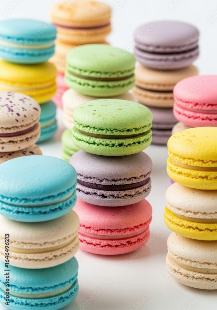 Colorful stacks of french macarons displayed against a white background Colorful stacks of french macarons displayed against a white background