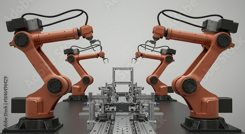 Four Industrial Robotic Arms on Automated Assembly Line: Advanced Manufacturing and Automation Technology