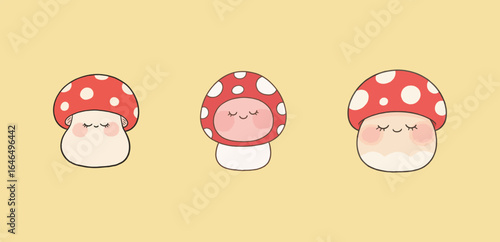 A set of three cute cartoon mushrooms with red and white polka-dot caps and closed smiling eyes, on a yellow background.