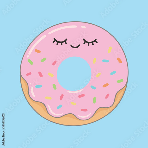 A cute cartoon doughnut with pink frosting and sprinkles, featuring a happy, sleepy face with closed eyes on a blue background.