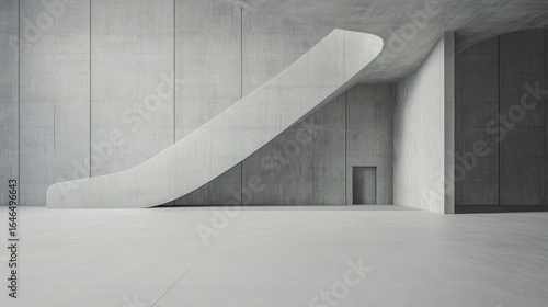 Abstract Modern Concrete Architecture: A Minimalist Interior with a Curved Escalator