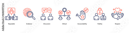 Social Reputation web banner icon vector illustration featuring Reputable, Evidence, Discussion, Ethical, Accountability, Fidelity, and Respect.