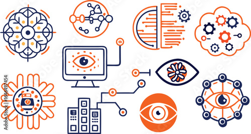 Futuristic Technology Icons Representing Artificial Intelligence and Data Analysis network
