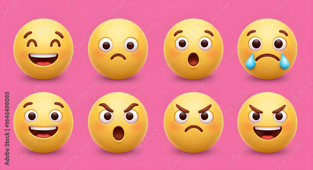 Fototapeta premium A vibrant collection of expressive 3D yellow emoticons displaying a spectrum of feelings for digital chat.