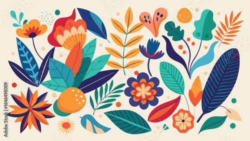 A variety of colorful flowers and foliage on a plain white background, showcasing their vivid hues..eps