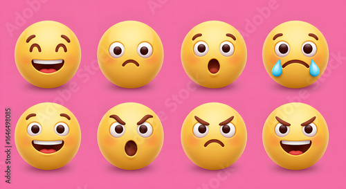 A vibrant collection of expressive 3D yellow emoticons displaying a spectrum of feelings for digital chat.
