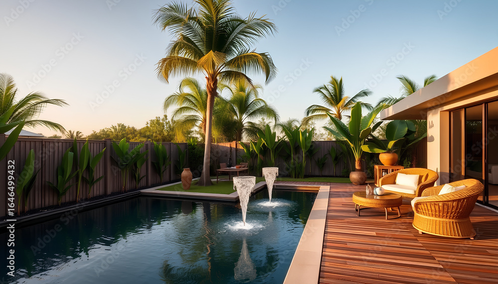 Fototapeta premium Modern tropical backyard with a rectangular reflective pool fountain, palm trees, wooden deck, rattan furniture, golden hour lighting 2
