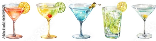 PNG set of watercolor Martini cocktail in the glass illustration, isolated on transparent background. High quality