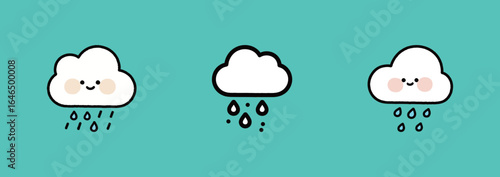 A set of three cute cartoon clouds with happy faces, raining raindrops in a simple and playful doodle illustration, representing weather and nature.