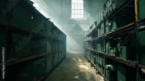 Abandoned warehouse of archival documents. Forgotten archival documents rest in piles within the silent, abandoned warehouse.