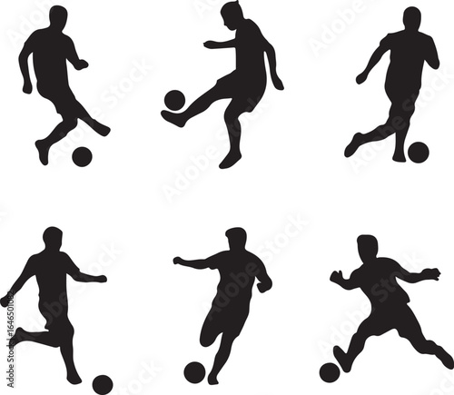 Six black silhouette figures of male soccer players in various action poses kicking and dribbling a soccer ball style vector illustration EPS file download