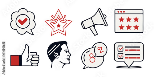 Review  set icons. Containing feedback, rating, testimonial, satisfaction, comment, opinion, like, customer, recommend and more. Solid vector icons col.