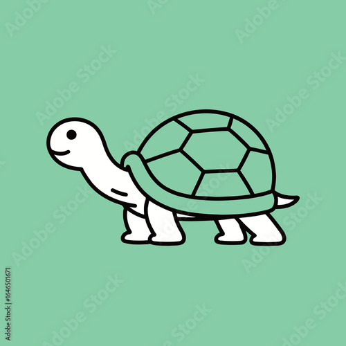 A cute cartoon turtle walking, with a green shell, in a simple and clean doodle illustration, representing nature, wildlife, and patience.