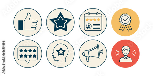 Review  set icons. Containing feedback, rating, testimonial, satisfaction, comment, opinion, like, customer, recommend and more. Solid vector icons col.