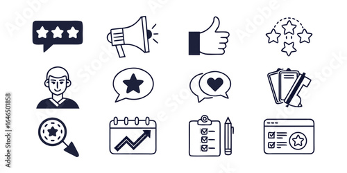 Review  set icons. Containing feedback, rating, testimonial, satisfaction, comment, opinion, like, customer, recommend and more. Solid vector icons col.