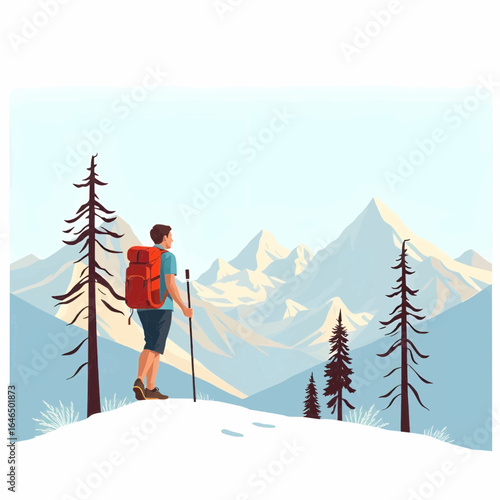 Person hiking in the mountains flat vector illustration

