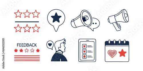Review  set icons. Containing feedback, rating, testimonial, satisfaction, comment, opinion, like, customer, recommend and more. Solid vector icons col.
